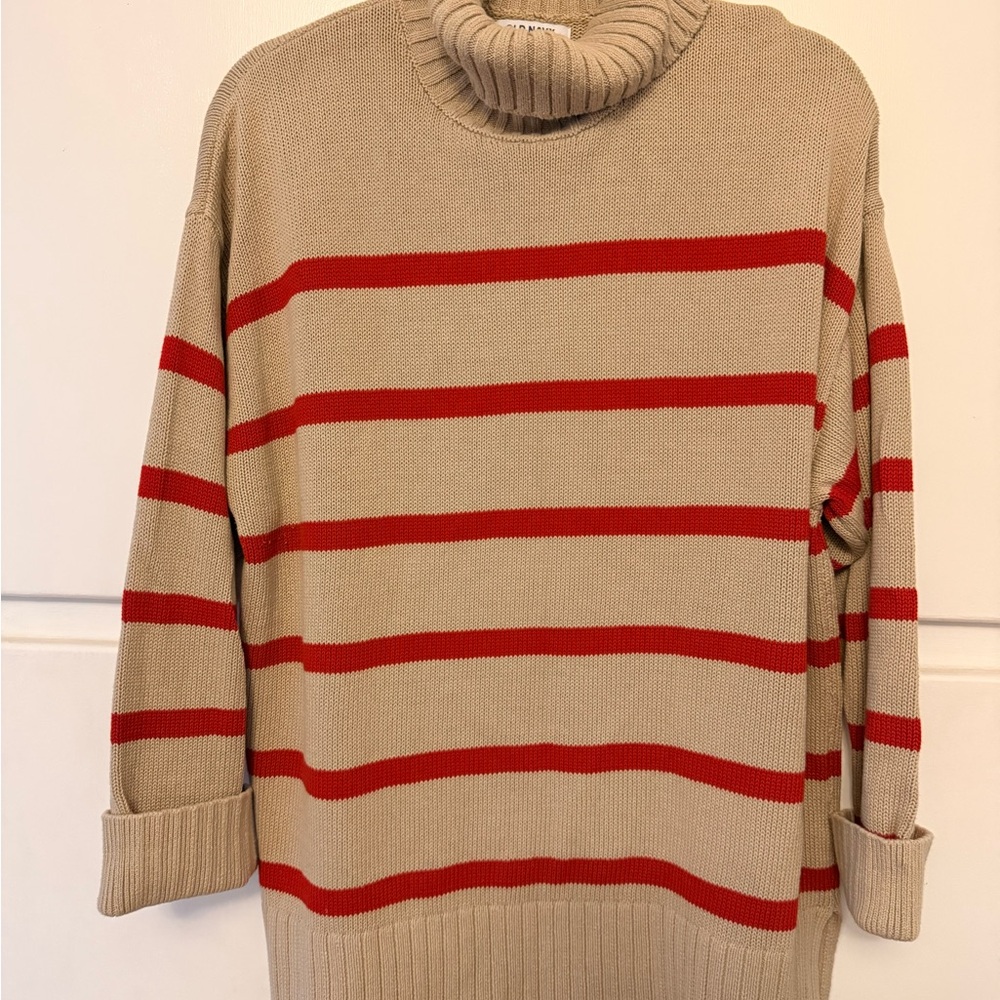 Old Navy Red and Tan Striped Turtleneck Sweater